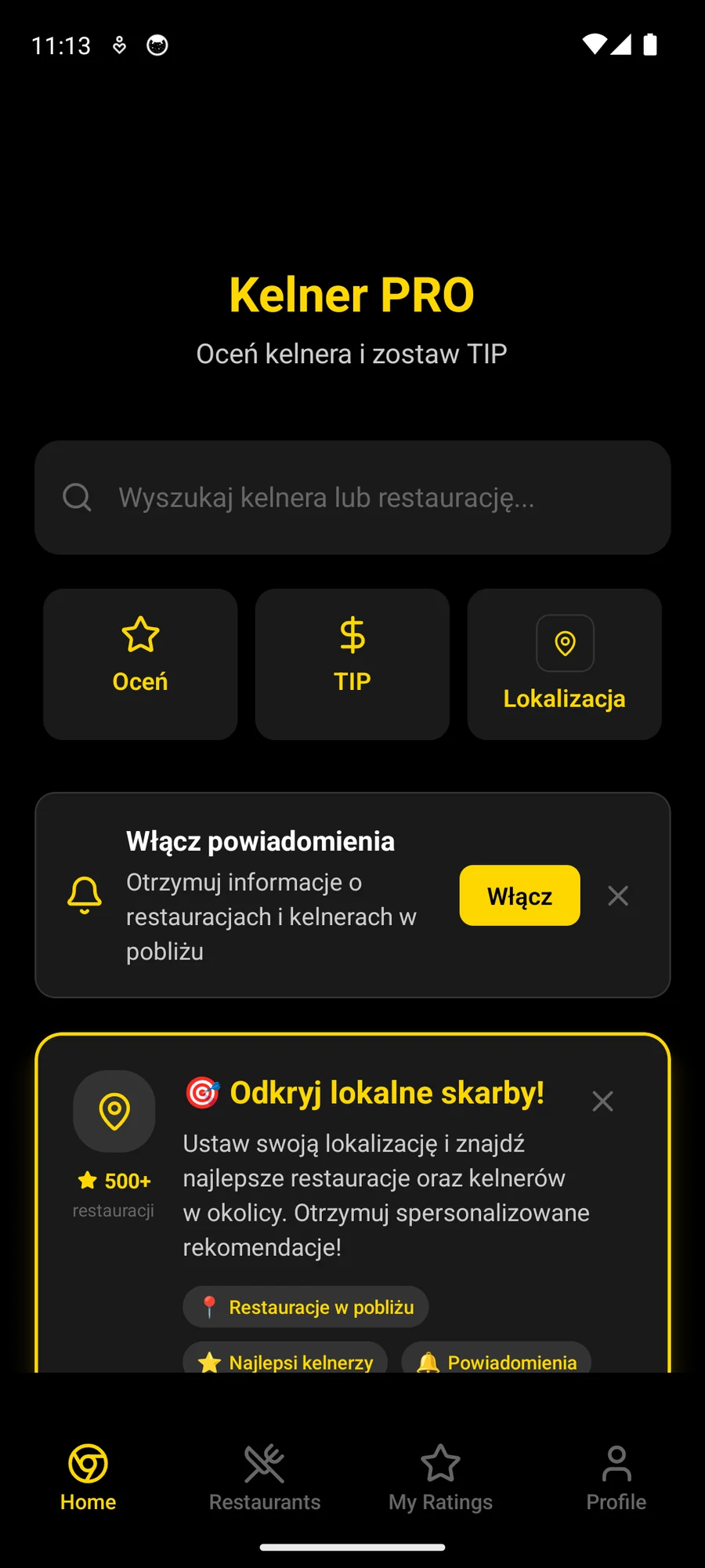 Ekran główny Kelner PRO: wyszukiwarka kelnerów i restauracji, przyciski Oceń, TIP i Lokalizacja oraz zachęta do włączenia powiadomień
