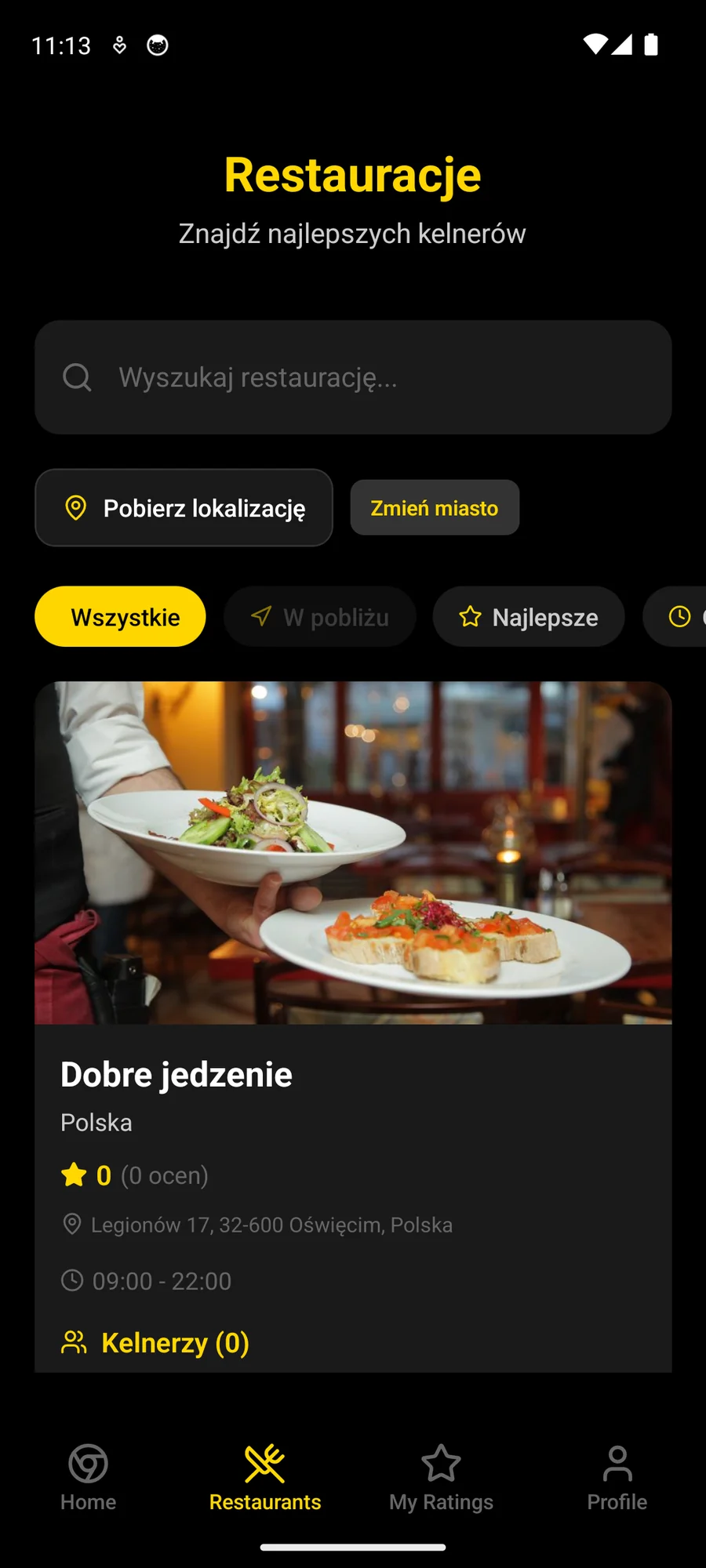 Lista restauracji: wyszukiwarka, filtry Wszystkie, W pobliżu i Najlepsze oraz karta lokalu ze zdjęciem, adresem, godzinami otwarcia i liczbą kelnerów
