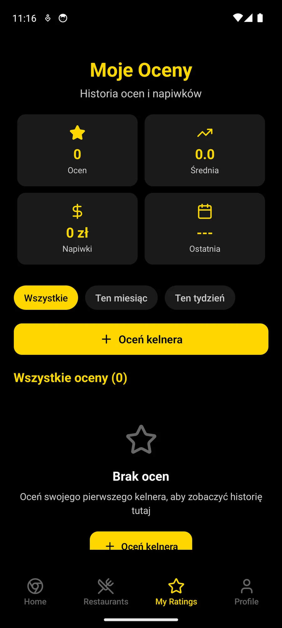 Ekran Moje Oceny: liczba ocen, średnia, suma napiwków i data ostatniej oceny, filtry okresu i przycisk Oceń kelnera