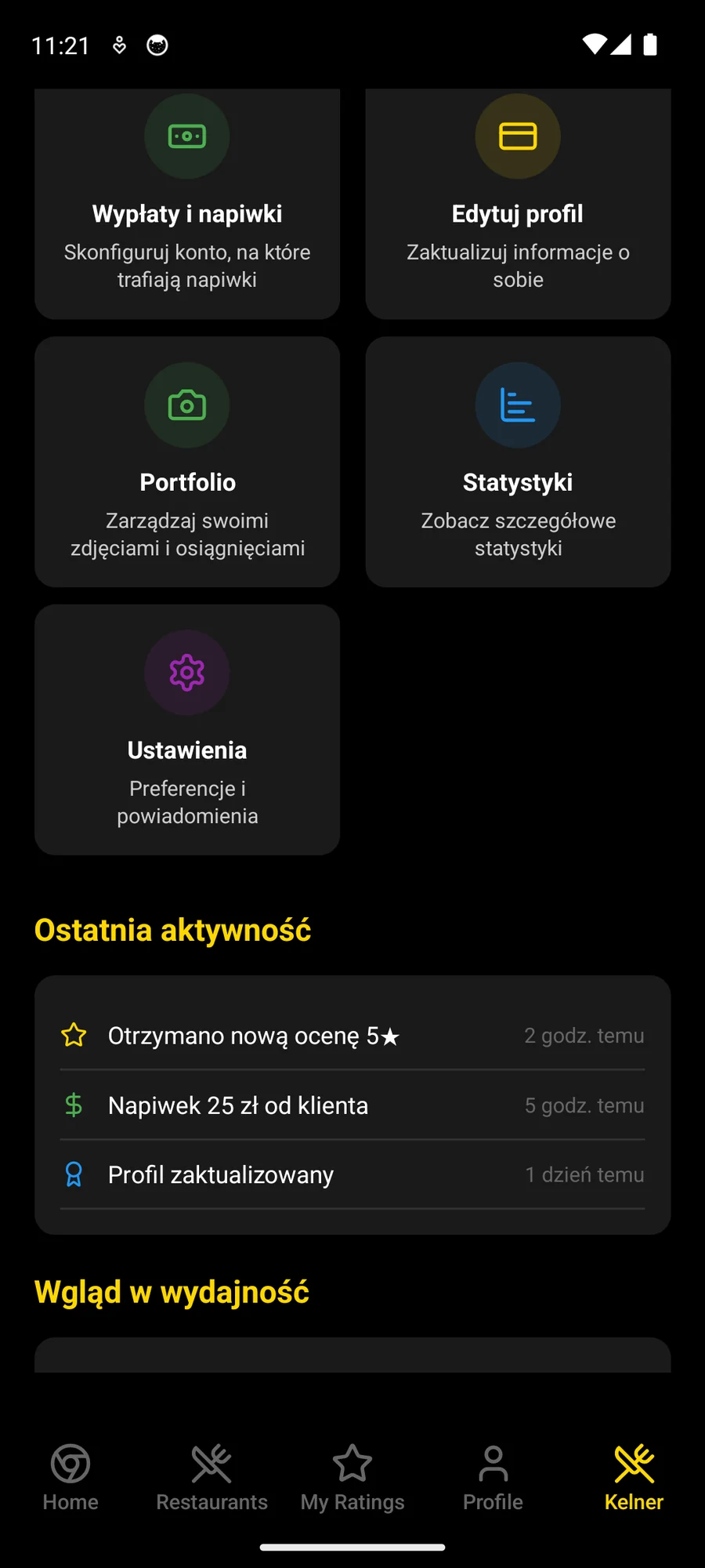 Panel kelnera: kafle Wypłaty i napiwki, Edytuj profil, Portfolio, Statystyki i Ustawienia oraz lista ostatniej aktywności z oceną i napiwkiem