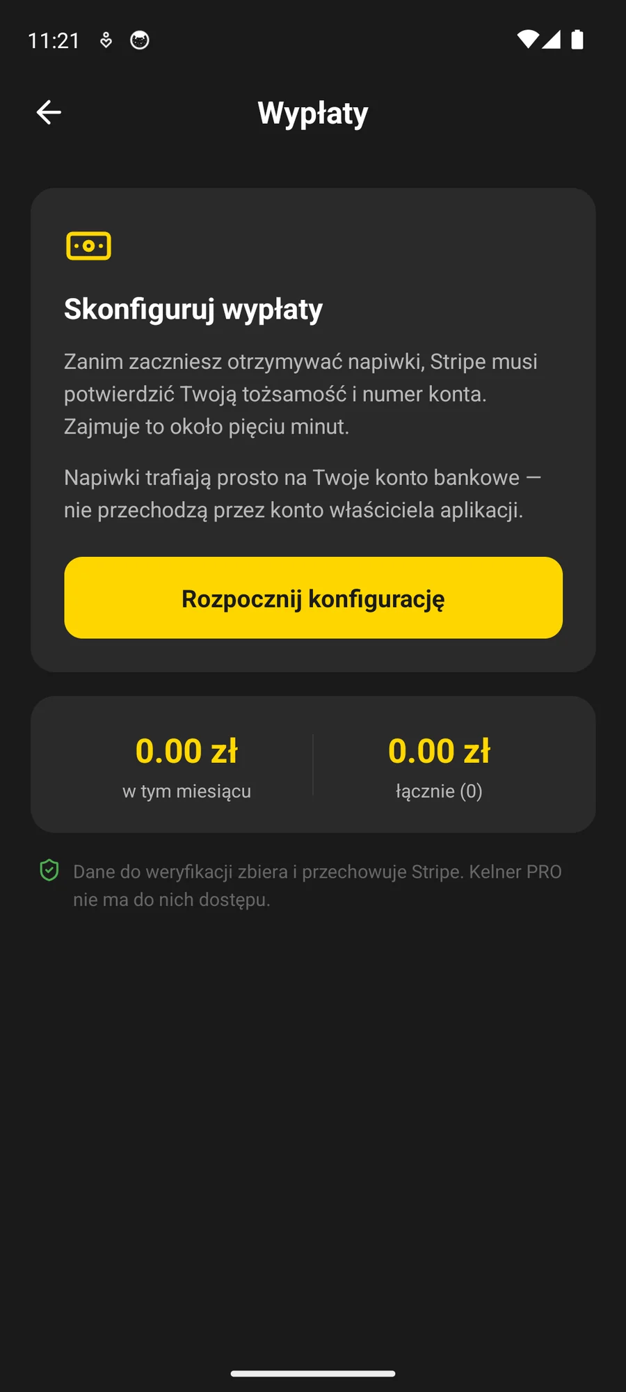 Ekran Wypłaty: konfiguracja konta w Stripe z potwierdzeniem tożsamości oraz suma napiwków w tym miesiącu i łącznie
