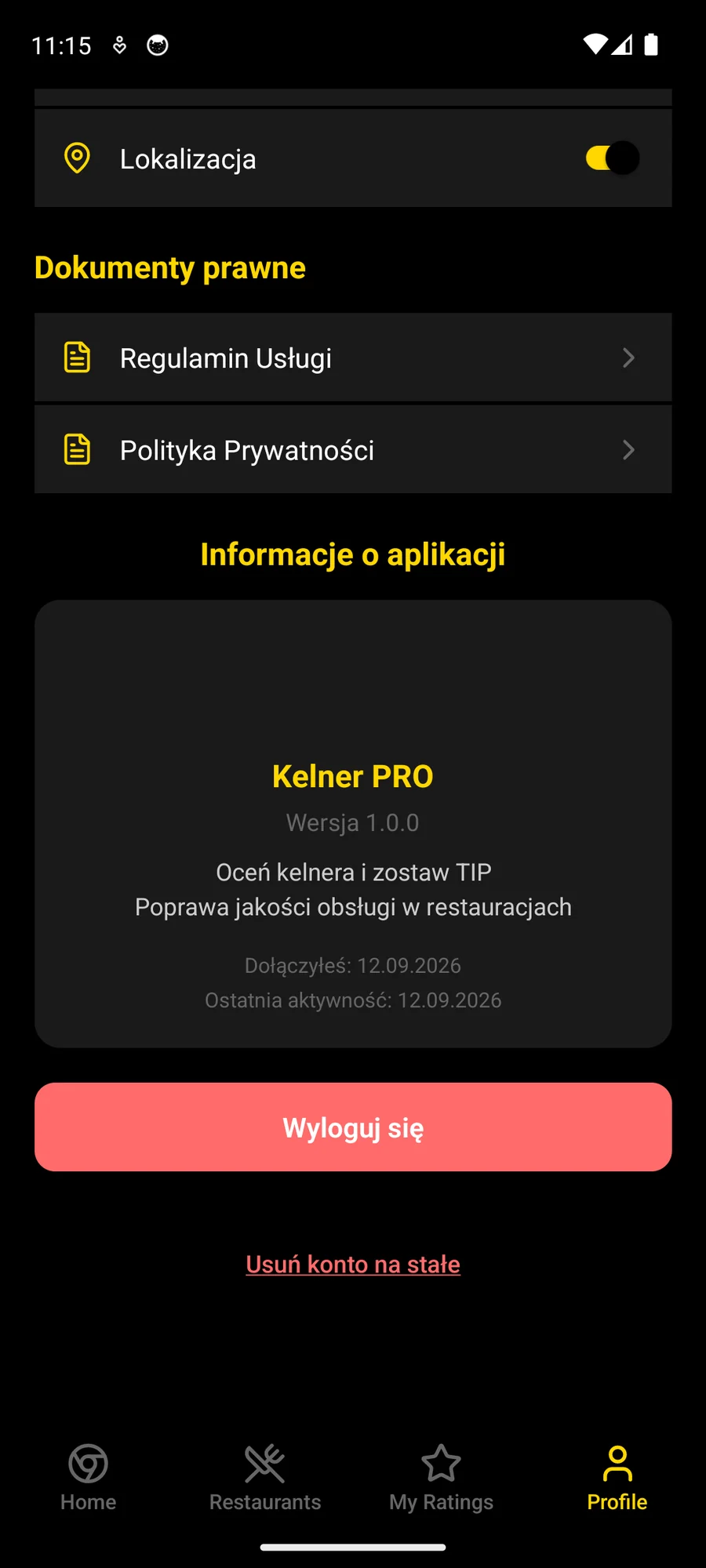 Ustawienia: przełącznik lokalizacji, Regulamin Usługi i Polityka Prywatności, wersja aplikacji, wylogowanie i usunięcie konta na stałe