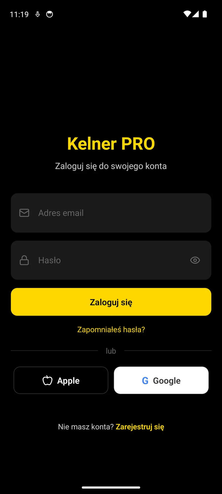 Ekran logowania Kelner PRO: adres e-mail i hasło, przypomnienie hasła oraz logowanie przez Apple lub Google