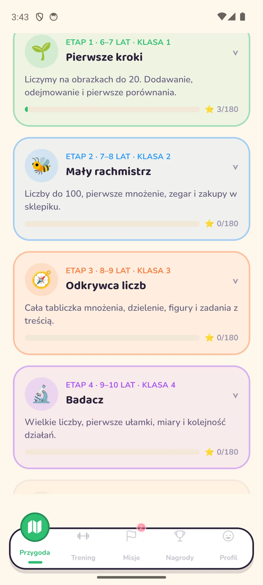 Lista etapów wiekowych: Pierwsze kroki dla klasy 1, Mały rachmistrz dla klasy 2, Odkrywca liczb dla klasy 3 i Badacz dla klasy 4, każdy z opisem zakresu materiału