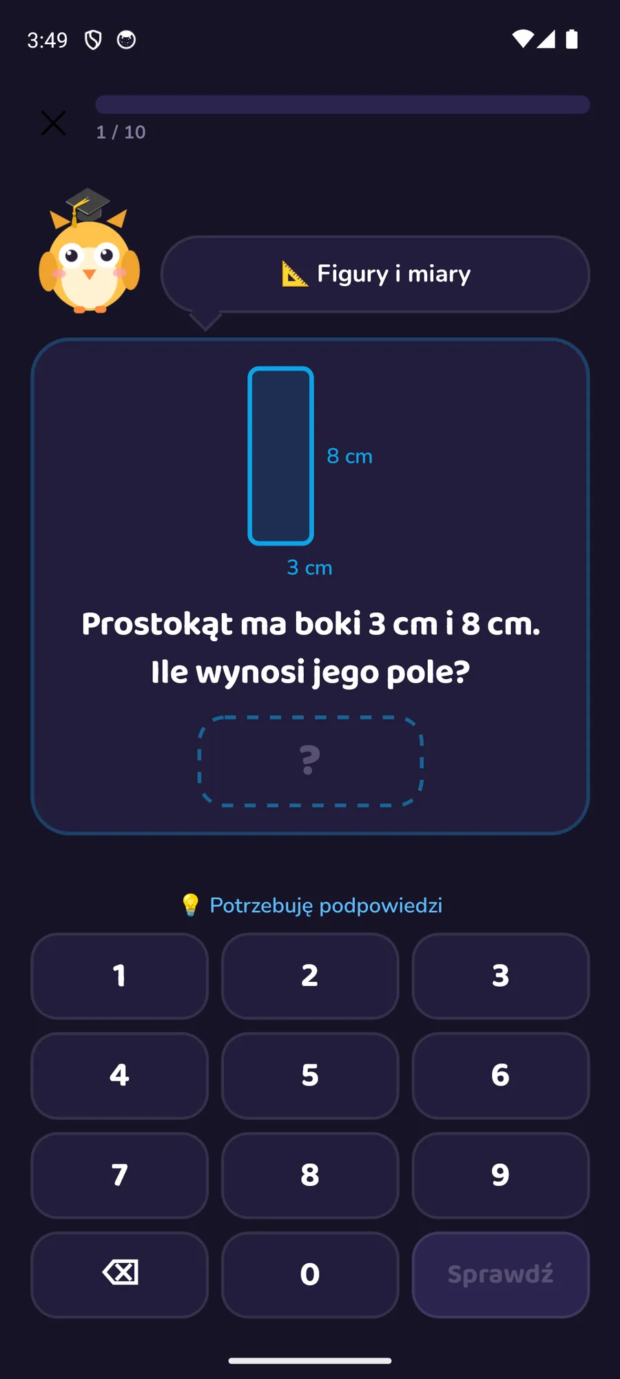 Zadanie z figur i miar w trybie ciemnym: rysunek prostokąta o bokach 3 cm i 8 cm, pytanie o jego pole i klawiatura do wpisania wyniku