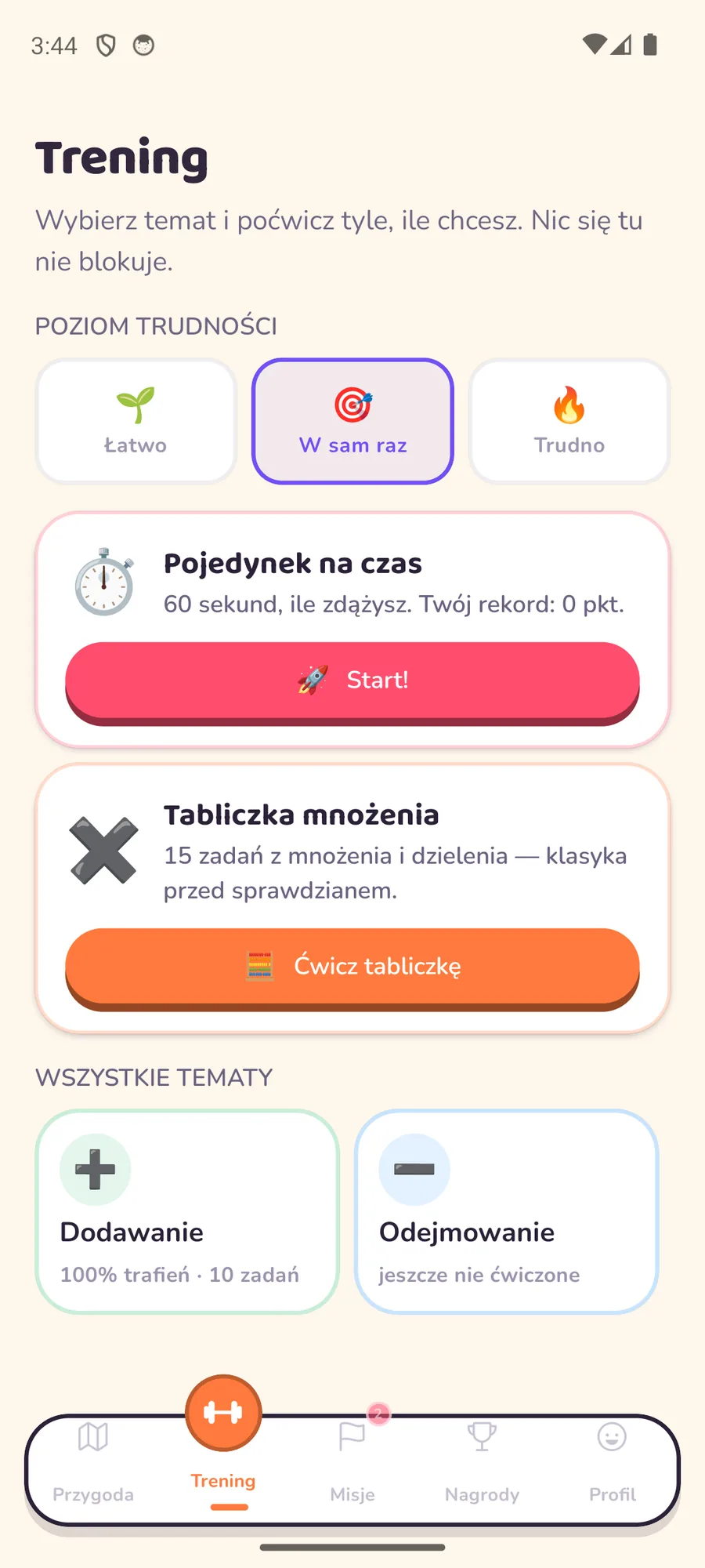 Ekran Trening: wybór poziomu trudności Łatwo, W sam raz lub Trudno, Pojedynek na czas z rekordem, Tabliczka mnożenia i lista wszystkich tematów