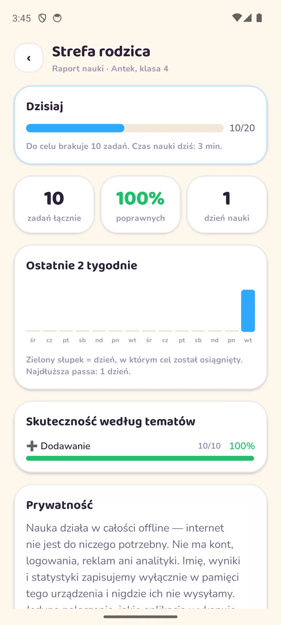 Raport w Strefie Rodzica: postęp względem celu dziennego, liczba zadań, skuteczność, dni nauki, wykres z ostatnich dwóch tygodni, skuteczność według tematów i informacja o prywatności