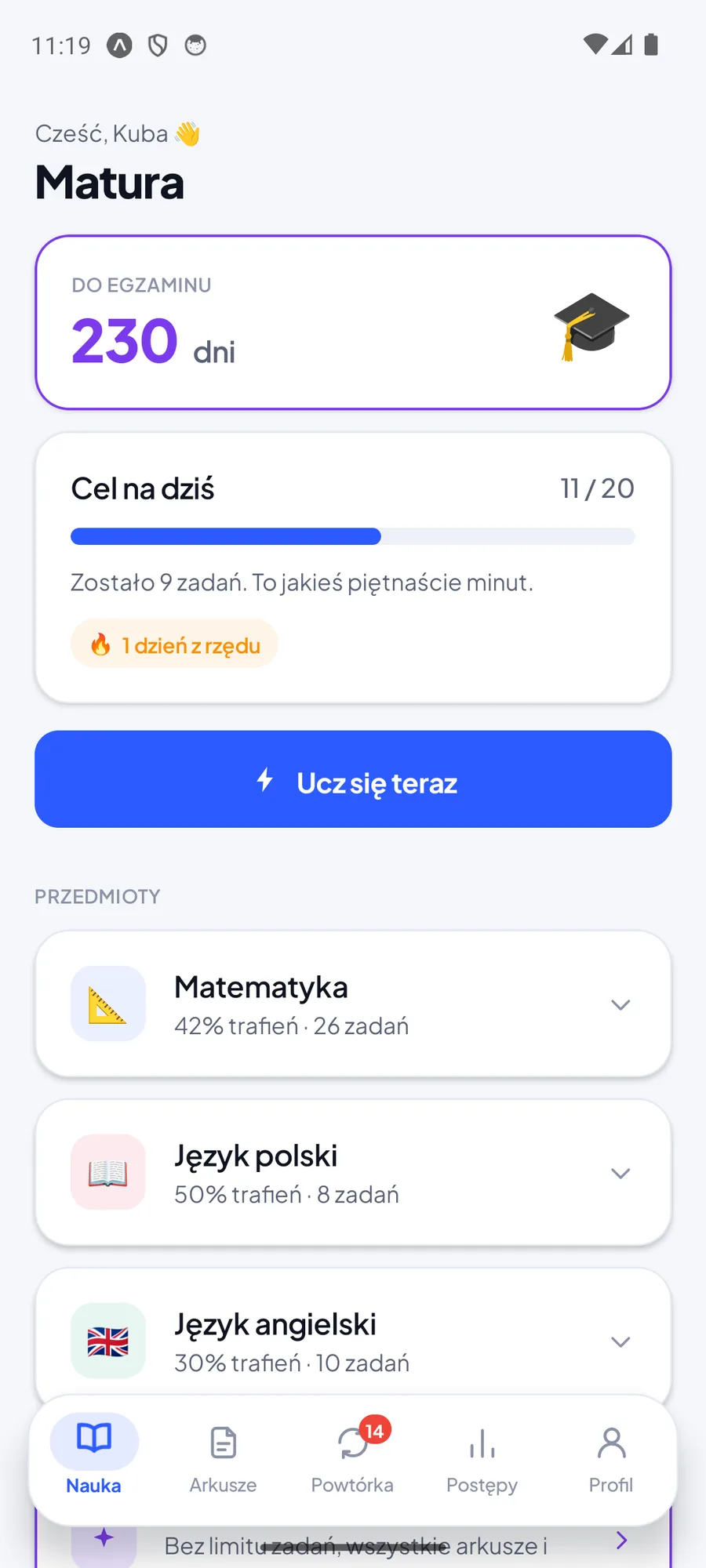 Ekran Nauka dla maturzysty: odliczanie 230 dni do egzaminu, cel dzienny 11 z 20 zadań z passą, przycisk Ucz się teraz i lista przedmiotów ze skutecznością