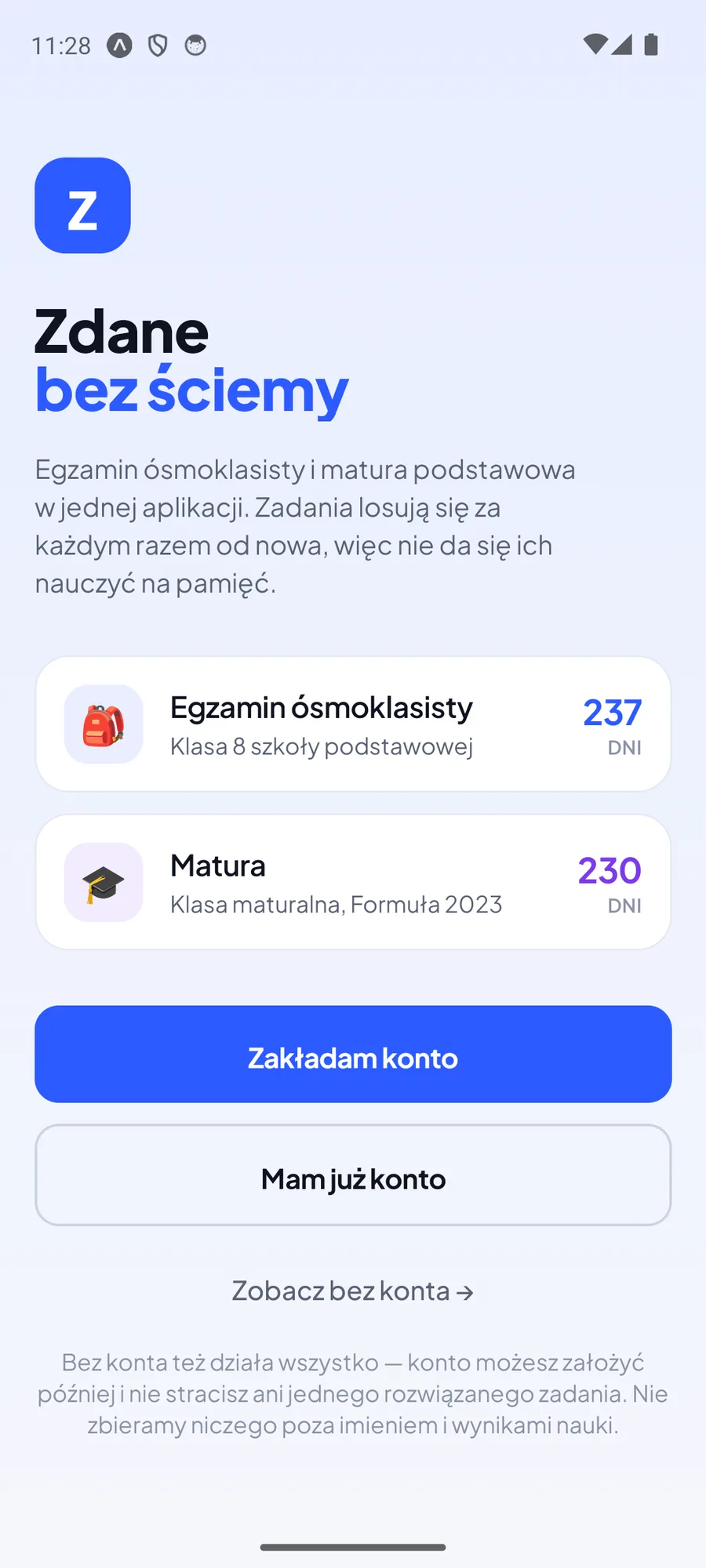 Ekran powitalny: dwa egzaminy do wyboru z liczbą dni do terminu, przyciski zakładania konta i logowania oraz nauka bez konta
