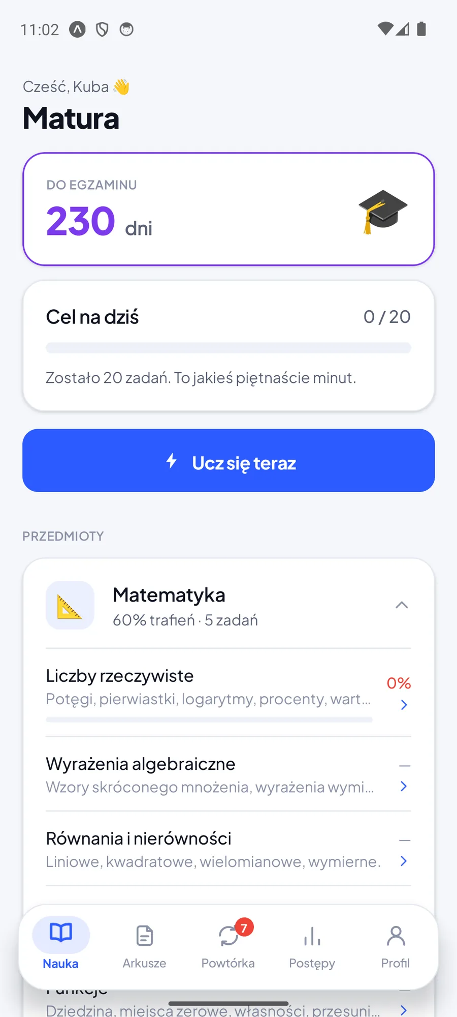 Rozwinięta Matematyka na maturze: działy Liczby rzeczywiste, Wyrażenia algebraiczne i Równania i nierówności z opisem zakresu i skutecznością