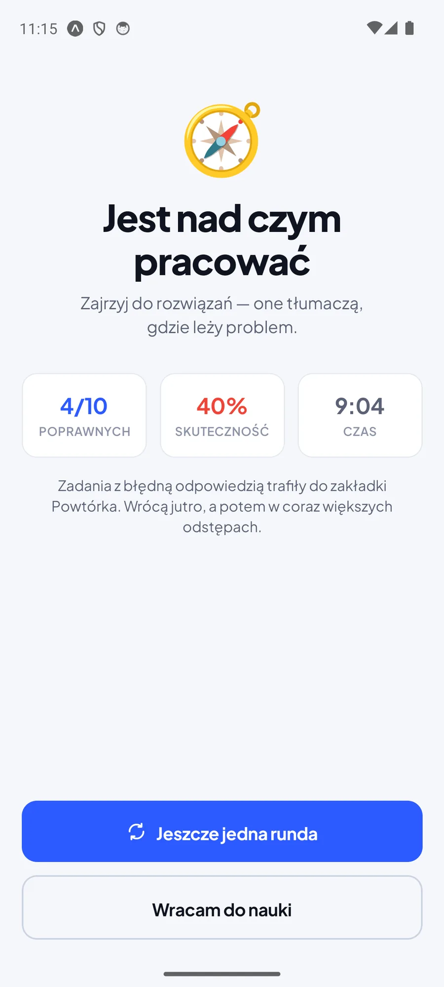 Wynik sesji: 4 z 10 poprawnych odpowiedzi, skuteczność 40 procent, czas i informacja, że błędne zadania trafiły do powtórki