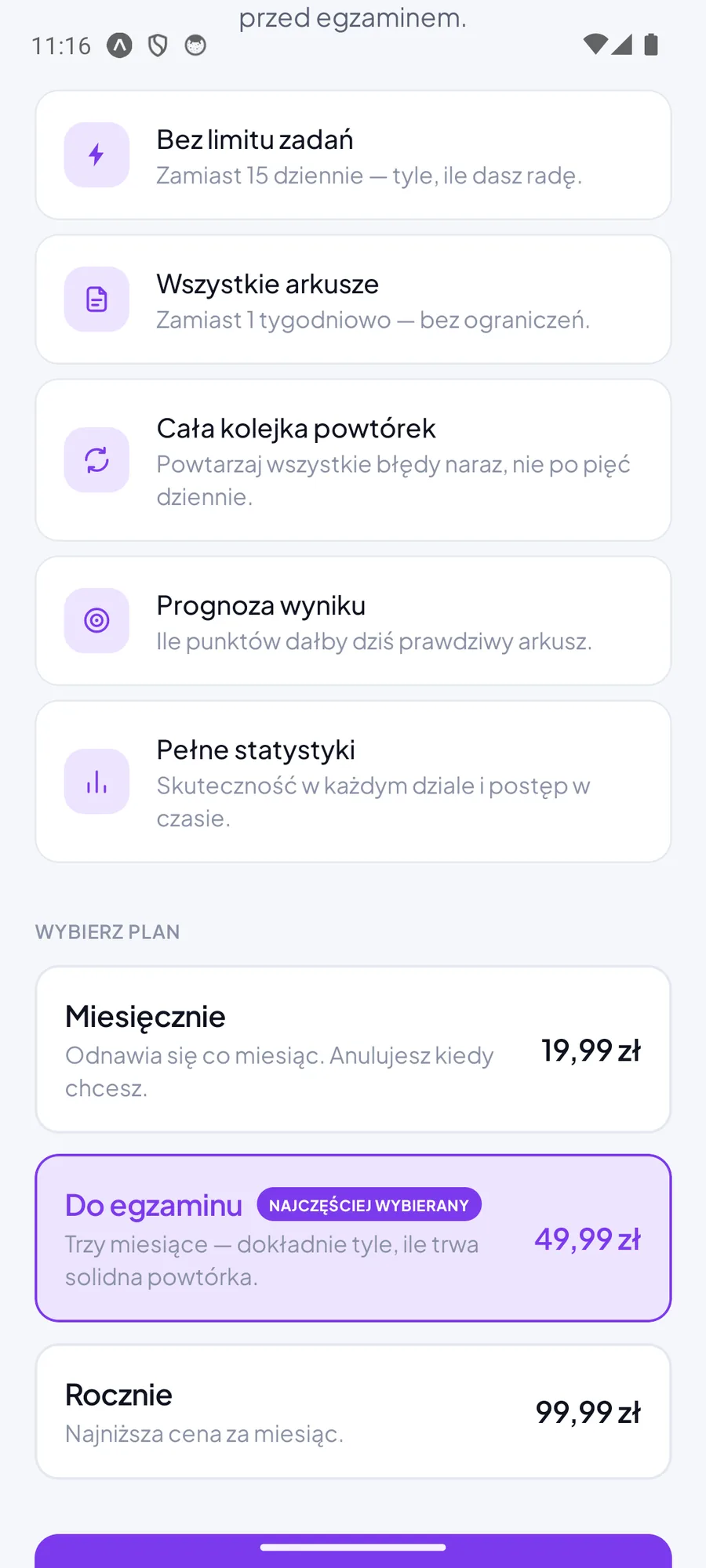 Ekran Zdane PRO: co zdejmuje subskrypcja — limit zadań, arkuszy i powtórek, prognoza wyniku i pełne statystyki — oraz trzy plany z cenami