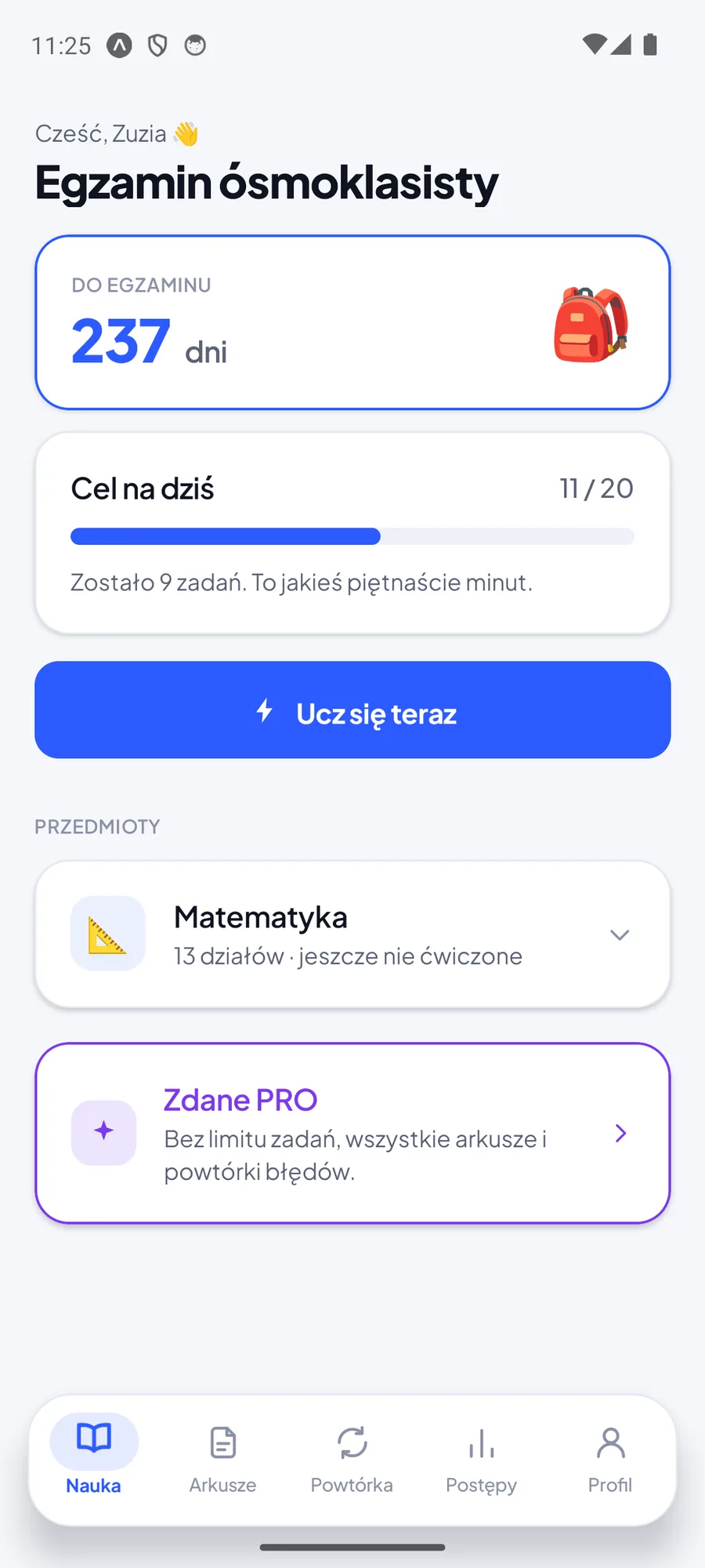 Ekran Nauka dla ósmoklasisty: odliczanie 237 dni do egzaminu, cel dzienny, Matematyka z 13 działami i zaproszenie do Zdane PRO